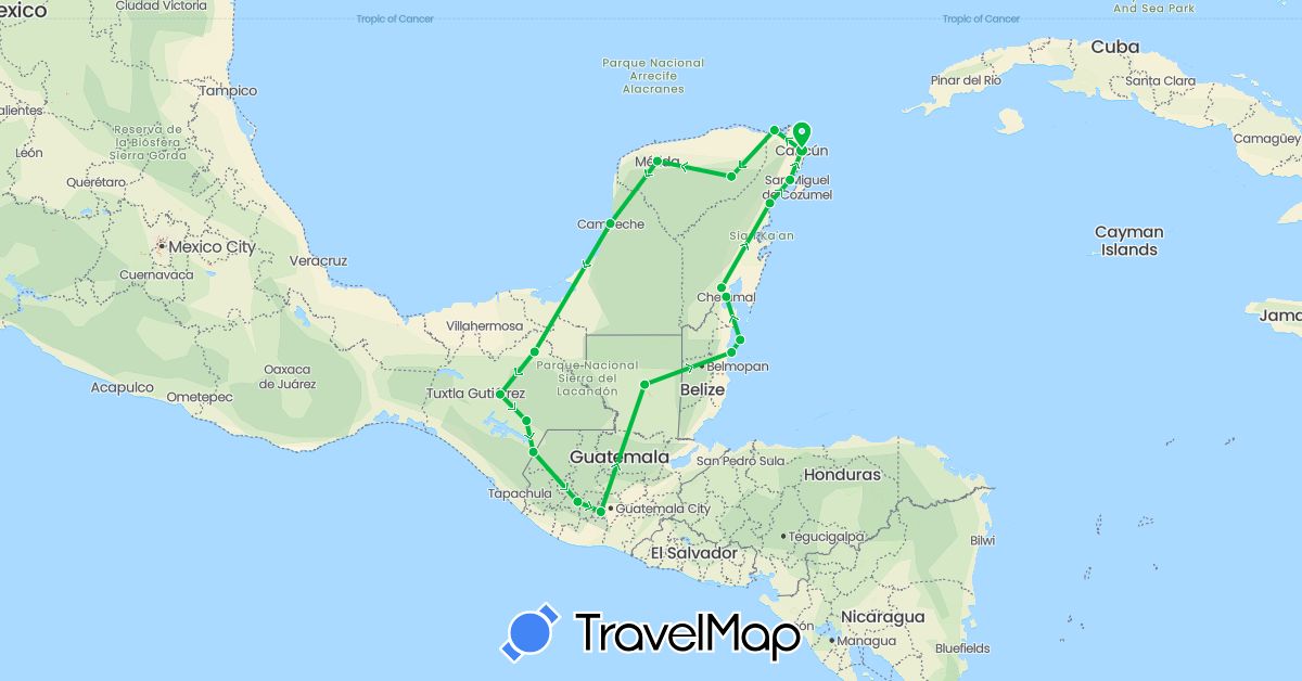 TravelMap itinerary: driving, bus in Belize, Guatemala, Mexico (North America)